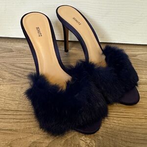 Schutz Blue Mullberry Rabbit Fur Heeled Mule Sandals